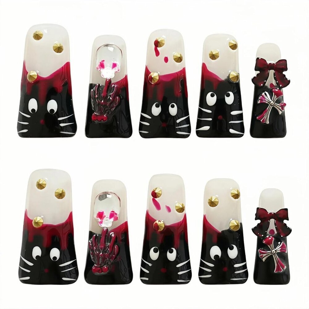 Long Duck Press on Nails - Hand-Painted Black Cat Design False Nails with Y2k Ed
